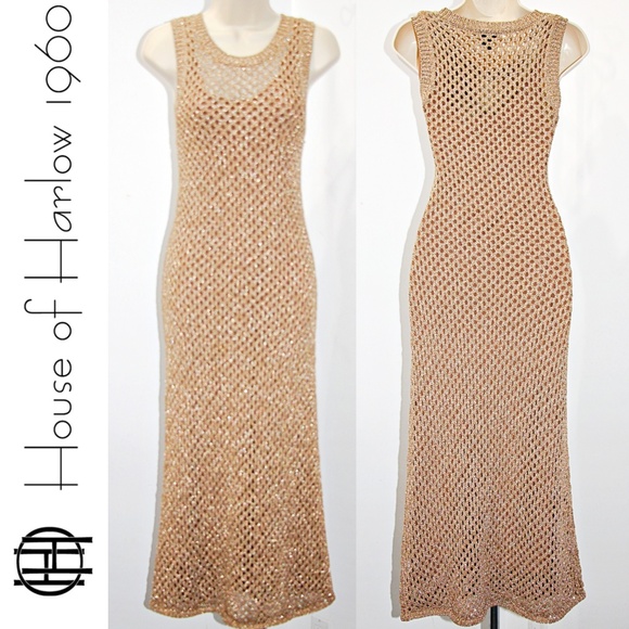 House of Harlow Curve Hugging Net Crochet Knit Midi Dress in Gold sz S Cover up - Picture 1 of 5
